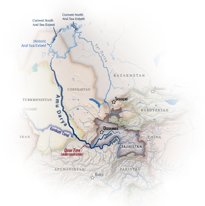 A map of Tajikistan and its neighboring countries of Uzbekistan, Turkmenistan, Afghanistan, Pakistan, China, Kyrgyzstan, and Kazakhstan. The Amu Darya River is highlighted, along with the Qosh Tepa and the Karakum canals. The cities of Tashkent and Dushanbe are also starred.