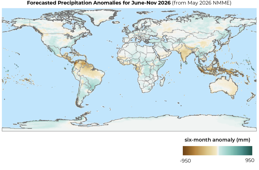 A world map shows projected precipitation changes in millimeters for June to November 2026, based on May 2026 NMME outputs. The map is a mixture of white (no change), blue (wetter) and brown (drier). The scale ranges from -950 mm to 950 mm.