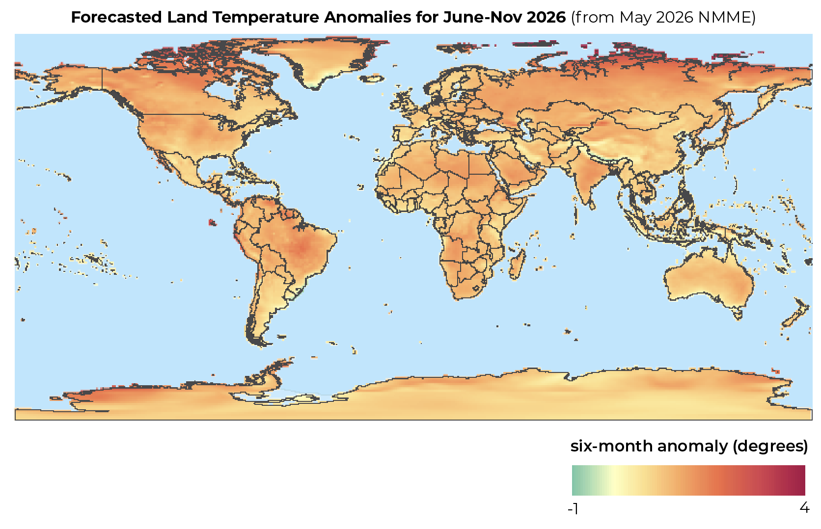 A world map shows projected temperature changes in degrees Celsius for June to November 2026, based on May 2026 NMME outputs. Most of the map (about 96%) is orange and red, indicating an increase. Increases range from minimal to 4 degrees.
