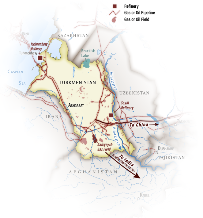 A map of Turkmenistan’s key oil and gas industry sites. The Turkmenbasy and Seybi refineries and the Galkynysh gas field are highlighted, along with several ther oil and gas fields and pipelines. Oil and gas make up 90% of Turkmenistan’s exports, and the industry drives the country’s economy.
