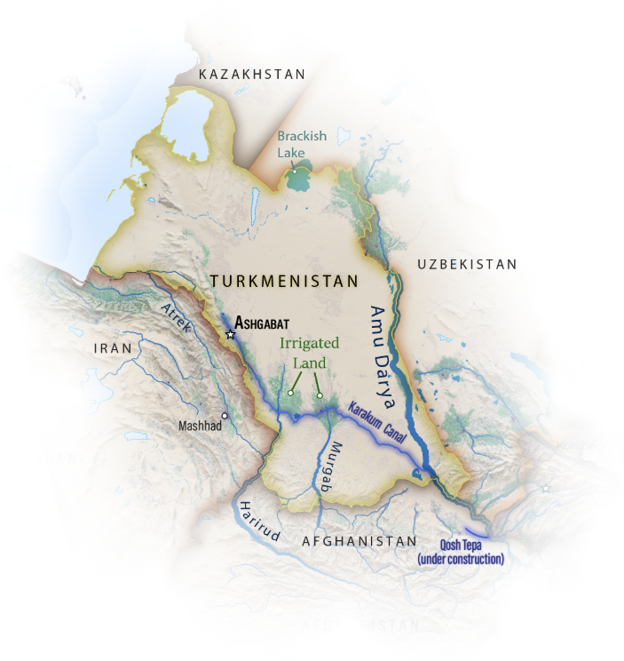 A map of Turkmenistan and its surrounding regions. Several small areas of irrigated land are highlighted, as agriculture would be impossible in most of the country without irrigation processes. The Amu Darya River, a brackish lake, and the Karakum and Qosh Tepa canals are also pointed out.  