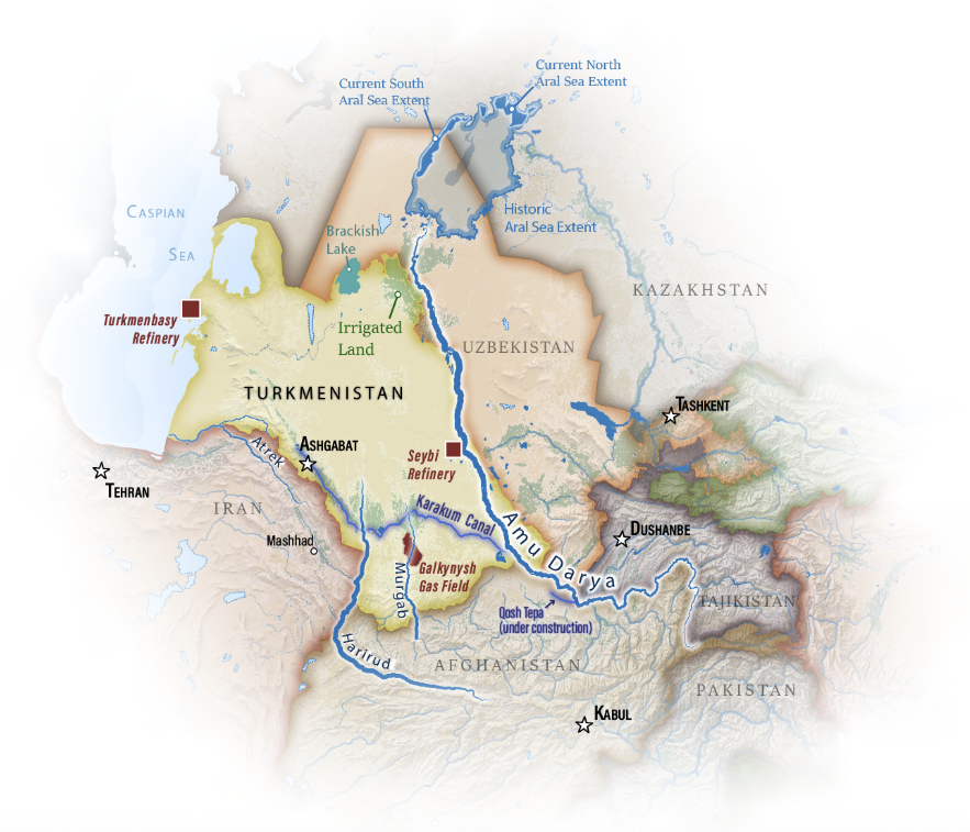 A map of Turkmenistan and its neighboring countries of Iran, Afghanistan, Pakistan, Tajikistan, Uzbekistan, and Kazakhstan. The Amu Darya and Harirud rivers, the Qosh Tepa and Karakum canals, and the Caspian Sea are highlighted.  The cities of Ashgabat, Tashkent, Dushanbe, Kabul, and Tehran, the Turkmenbasy and Seybi refineries, and the Galkynysh gas field are also pointed out. 