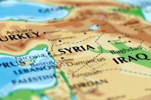 Close-up map of the Middle East highlighting Syria and its neighboring countries, including Turkey, Iraq, Lebanon, Jordan, and Cyprus.