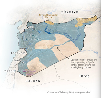 Map of Syria and its surrounding nations of Lebanon, Israel, Jordan, Iraq, and Türkiye. The regions controlled by the Syrian Government, Syrian Democratic Forces, and local armed groups are pointed out. The cities of Damascus and Aleppo, the Al Khabour and Euphrates River, and Lake Assad are also highlighted.