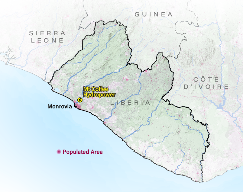 A map of Liberia and its neighboring countries of Sierra Leone, Guinea, and Côte d'Ivoire. The capital city of Monrovia, the Mt. Coffee hydropower facility, and several rivers are pointed out. The populated areas are highlighted in pink. Liberia has experienced rapid urbanization without proper infrastructure, and over 35% of the population lives near Monrovia. Forests make up approximately 80% of the land cover, and the economy relies on natural resources, including iron ore, rubber, timber, diamonds, and gold.