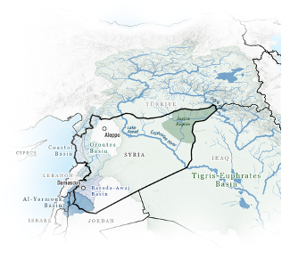 Map of Syria with the Orontes, Coastal, Al-Yarmouk, Barada-Awaj, and Tigris-Euphrates basins highlighted. The cities of Damascus and Aleppo, the Euphrates River, Lake Assad, and the Jazira Region are also highlighted.