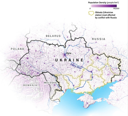 Map detailing the population density in Ukraine and its surrounding areas. The oblasts most affected by Ukraine’s war with Russia are highlighted in yellow. Eastern Ukraine has been most heavily impacted by the conflict, but the war’s tolls stretch throughout the nation.