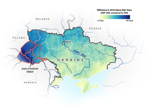 Map of Ukraine detailing difference in heavy rain days projected for 2035 compared to those of 2010. Many western oblasts experienced flooding in 2020, with Ivano-Frankivsk among the hardest hit. Additionally, Eastern Ukraine experienced many fires in 2024. Continued emergency response for disasters will likely be needed as conditions are projected to worsen regarding wildfires and floods. Planning for these events can make communities more resilient.