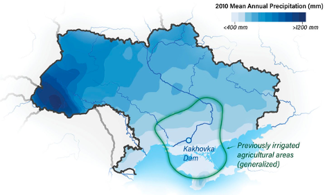 Map of Ukraine detailing the 2010 mean annual precipitation. Less rain in the southeast increases crop vulnerability. The Kakhovka Dam was damaged in 2023, severely limiting Ukraine’s irrigation capabilities. Farming will likely become more difficult in those areas without irrigation.
